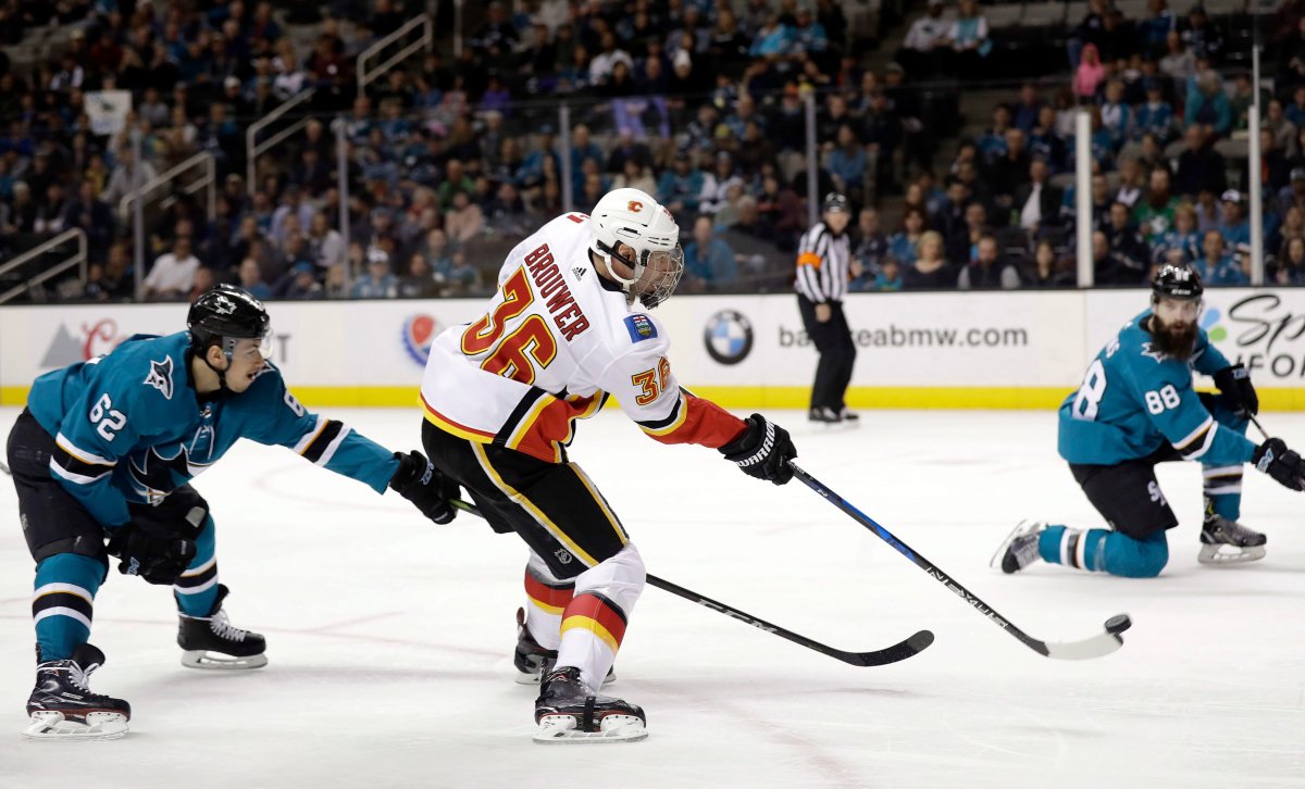 Calgary Flames' Troy Brouwer (36) shoots on goal in front of San Jose Sharks' Kevin Labanc (62) during the first period of an NHL hockey game Saturday, March 24, 2018, in San Jose, Calif. (AP Photo/Marcio Jose Sanchez).