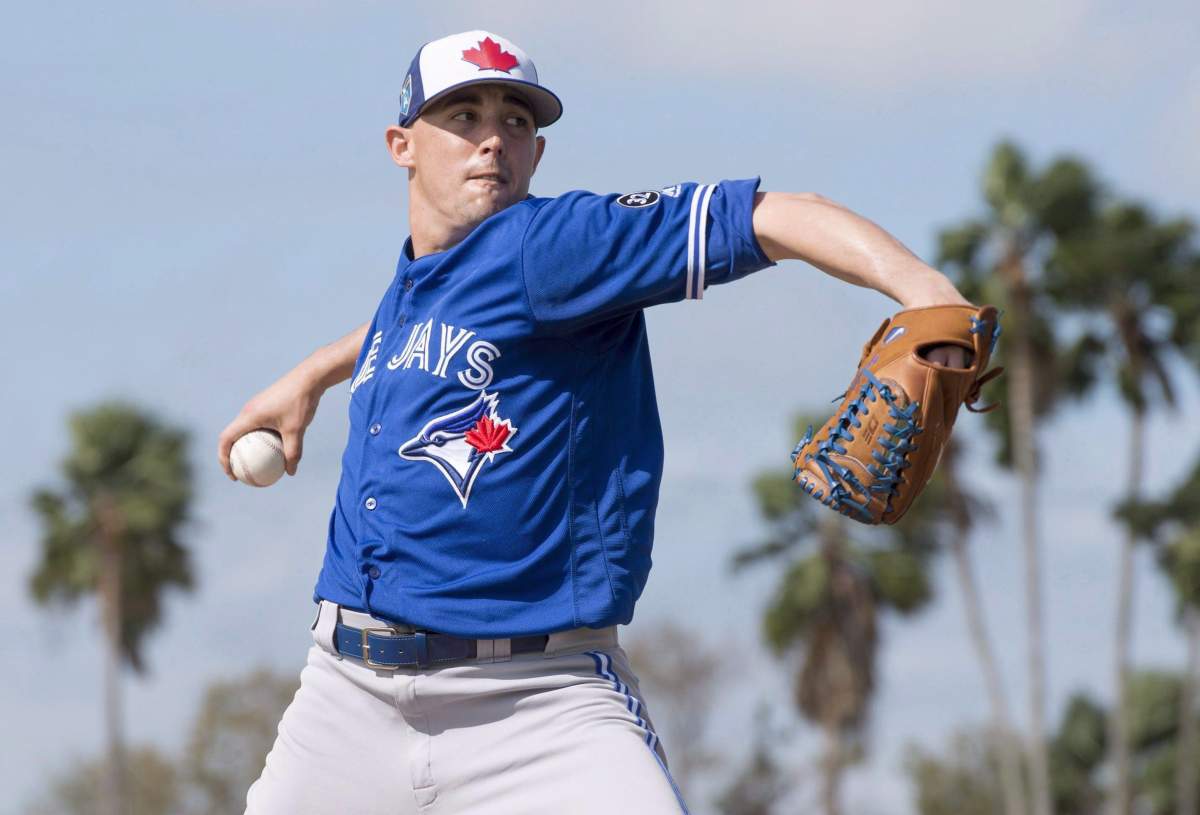 Toronto Blue Jays pitcher Aaron Sanchez throws live batting practice at spring training in Dunedin, Fla. on Tuesday, February 20, 2018. 