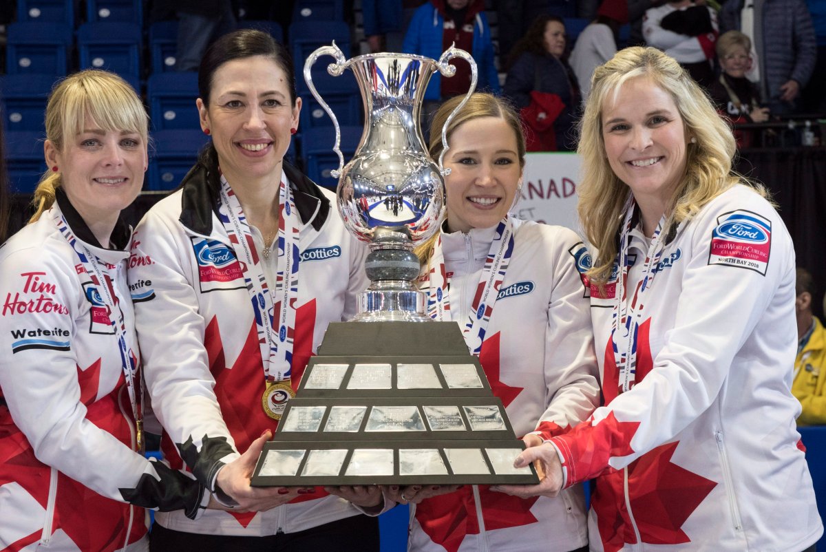 Canada lead Dawn McEwen, second Jill Officer, third Kaitlyn Lawes, skip Jennifer Jones, left to right, hold up the trophy after the gold medal final game win over Sweden at the World Women's Curling Championship Sunday, March 25, 2018 in North Bay, Ont. THE CANADIAN PRESS/Paul Chiasson.