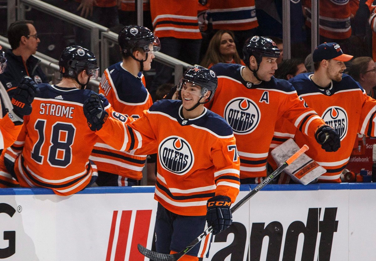 Edmonton Oilers' Ethan Bear (74) celebrates his first NHL goal against the Anaheim Ducks during third period NHL action in Edmonton, Alta., on Sunday, March 25, 2018. 