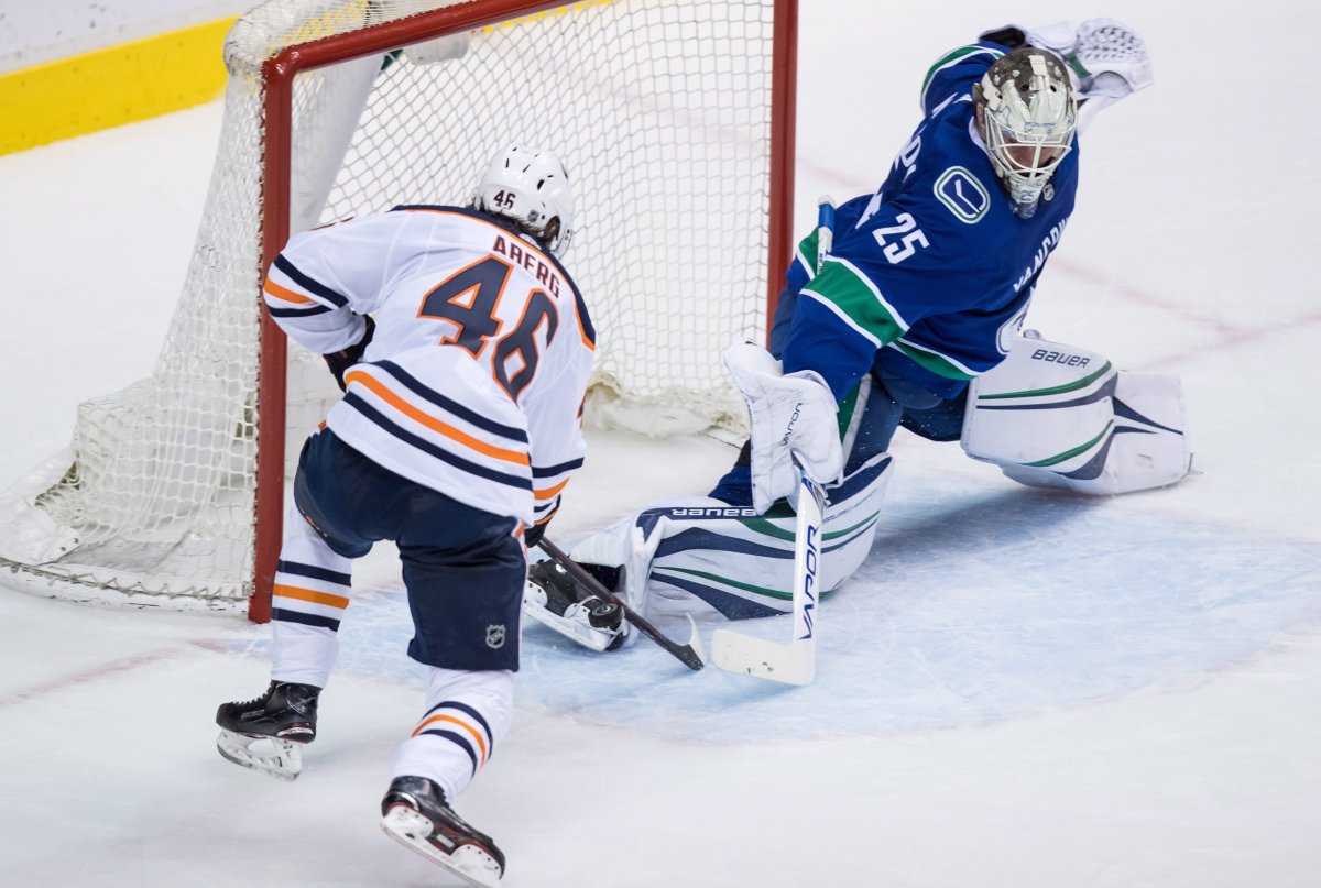 Vancouver Canucks goaltender Jacob Markstrom (25), stops Edmonton Oilers left wing Pontus Aberg (46), both of Sweden, during the second period of an NHL hockey game in Vancouver, B.C., on Thursday March 29, 2018. THE CANADIAN PRESS/Darryl Dyck.