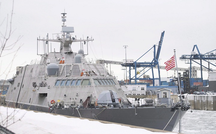 The USS Little Rock is shown moored in Montreal's old port, Sunday, January 21, 2018. An American warship stuck in Montreal since Christmas Eve has finally resumed its trip to its home port in Florida, the U.S. Navy confirmed on Saturday. March 31, 2018.
