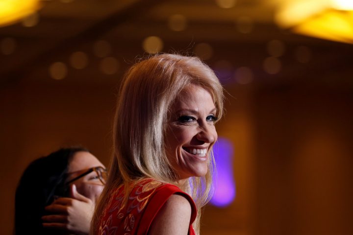 White House Counsellor Kellyanne Conway watches as U.S. President Donald Trump speaks at the Conservative Political Action Conference.