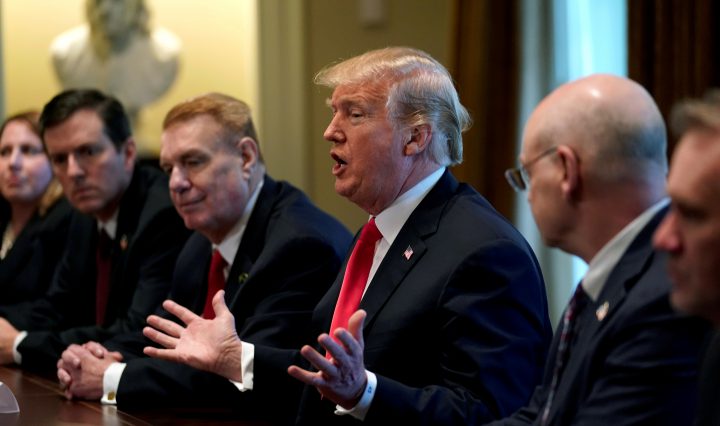 U.S. President Donald Trump announces that the United States will impose tariffs of 25 percent on steel imports and 10 percent on imported aluminum during a meeting at the White House on March 1, 2018. 