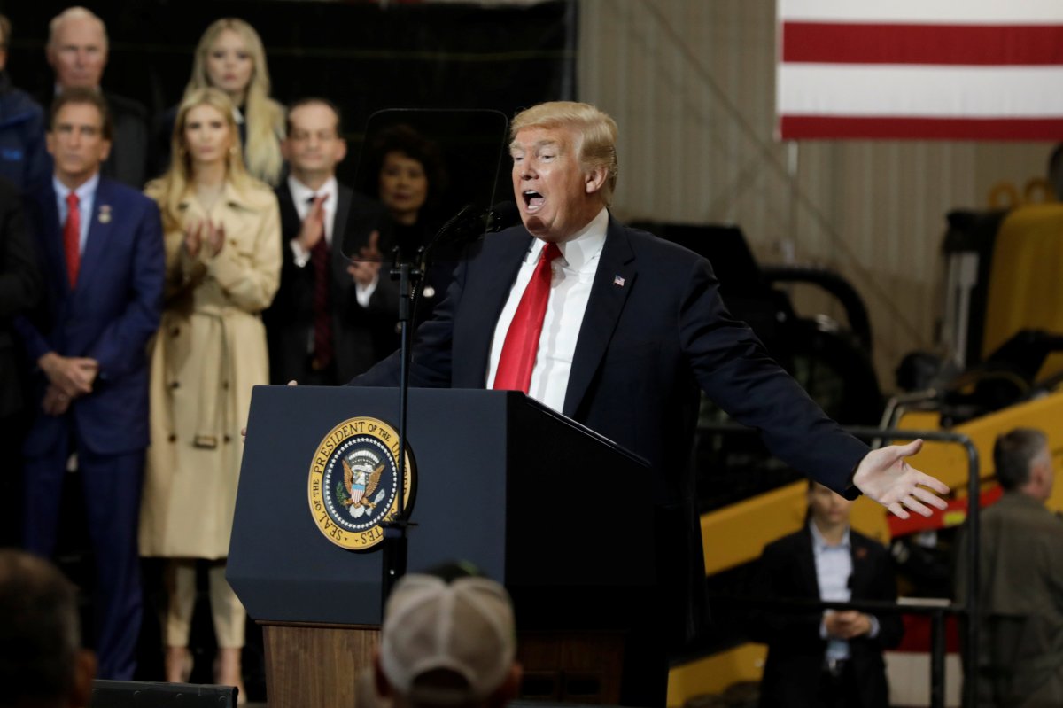 U.S. President Donald Trump delivers remarks on the Infrastructure Initiative at the Local 18 Richfield Training Site in Richfield, Ohio, U.S., March 29, 2018. 