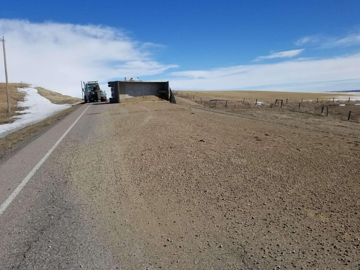 A semi trailer spilled a load of gravel on a rural Alberta highway on Tuesday, March 27. 