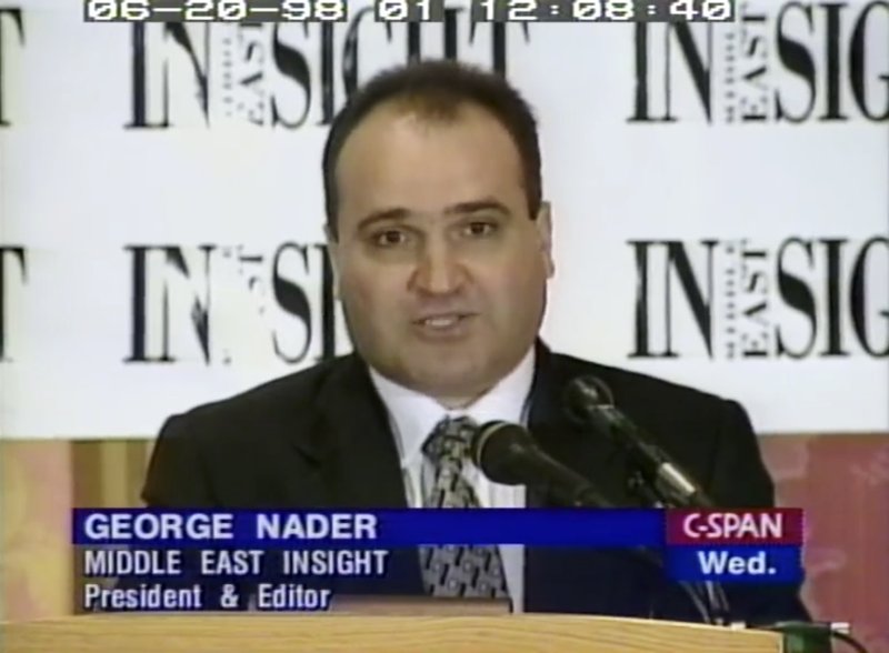 This 1998 frame from video provided by C-SPAN shows George Nader, president and editor of Middle East Insight. Nader, an adviser to the United Arab Emirates who is now a witness in the U.S. special counsel investigation into foreign meddling in American politics. 