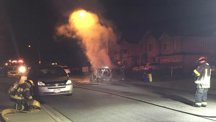 The scene of an early morning car fire in Aldergrove on March 20, 2018.