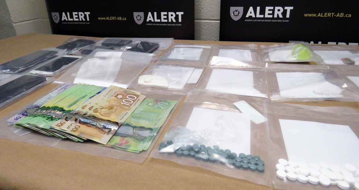 Seized items are on display after an investigation into suspected drug trafficking by ALERT Lethbridge.