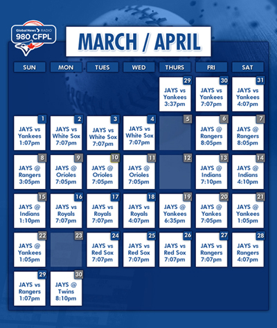 Toronto Blue Jays Full Calendar Page