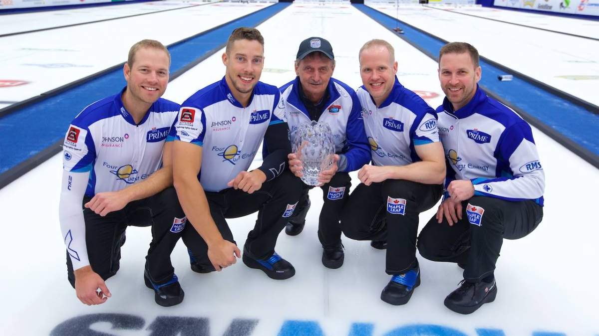 Team Gushue poses for a snapshot after winning the 2017 Grand Slam of Curling Tour Challenge. L-R Lead Geoff Walker, second Brett Gallant, coach Jules Owchar, third Mark Nichols, skip Brad Gushue.