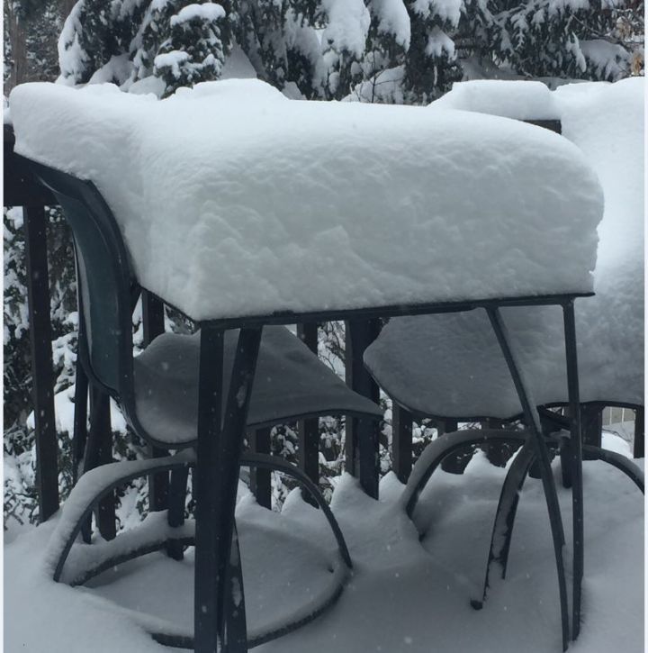 Snow piled up on this southwest Calgary patio set after a March snowstorm. 