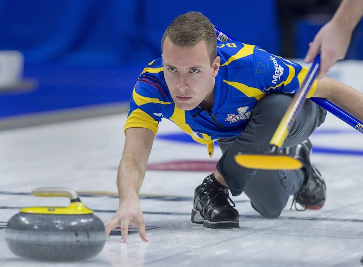 Alberta skip Brendan Bottcher delivers a rock as they play Northern Ontario in the Page 3 vs 4 playoff at the Tim Hortons Brier at the Brandt Centre in Regina on Saturday, March 10, 2018.
