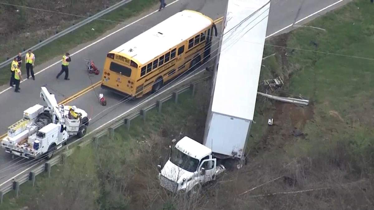 A tractor-trailer skidded towards a bus before a collision occurred between the two vehicles on Tuesday, March 20, 2018. 