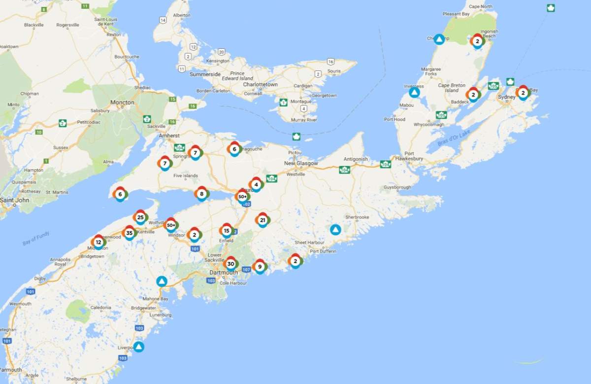 Nova Scotia Power says that 14,733 customers are without power as a result of Friday night’s storm. A screenshot of Nova Scotia Power’s outage map.