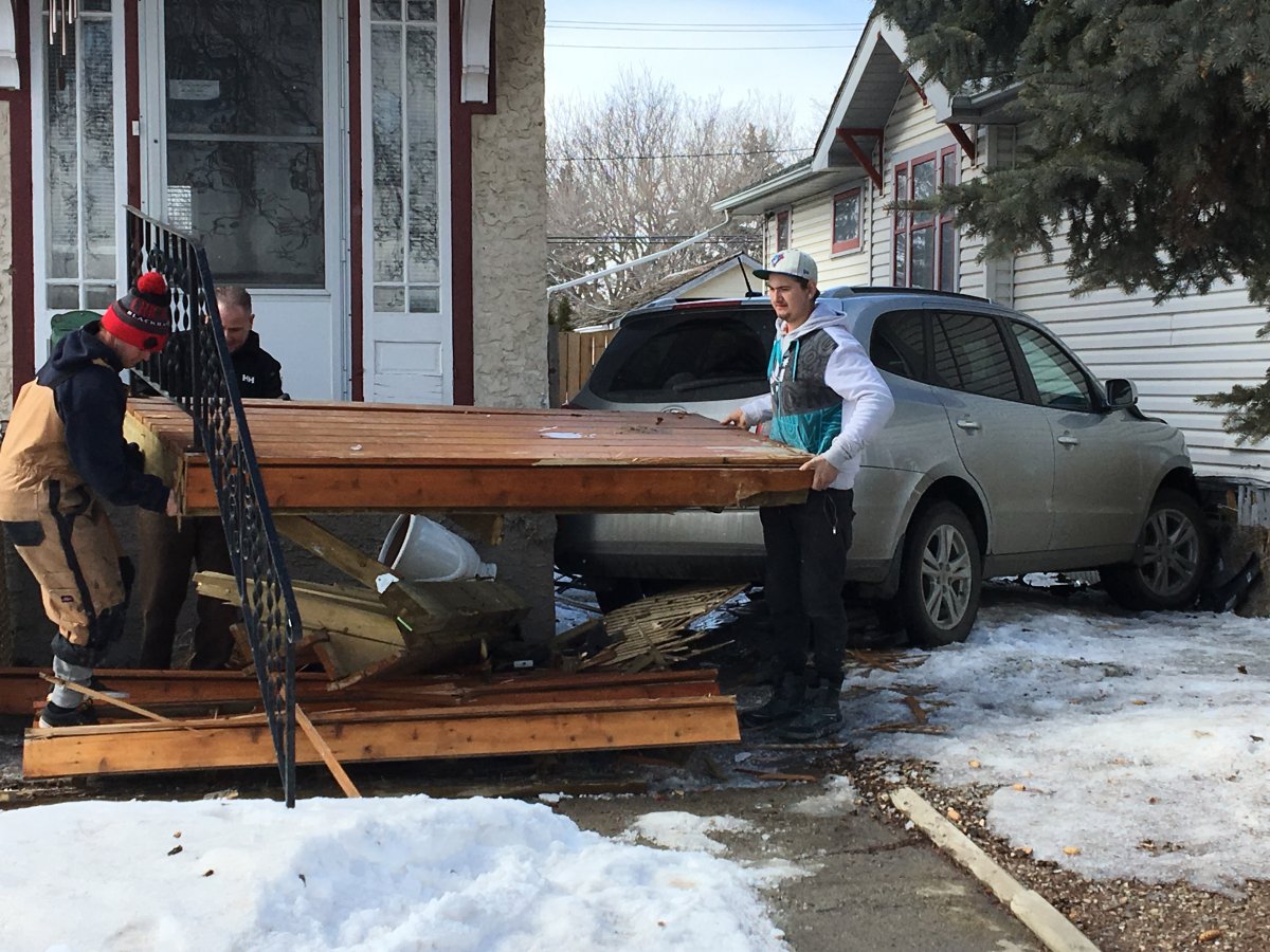 Regina police said that the vehicle went up onto a front lawn and through the front porch of one home, before crashing into the side of the neighbouring house.