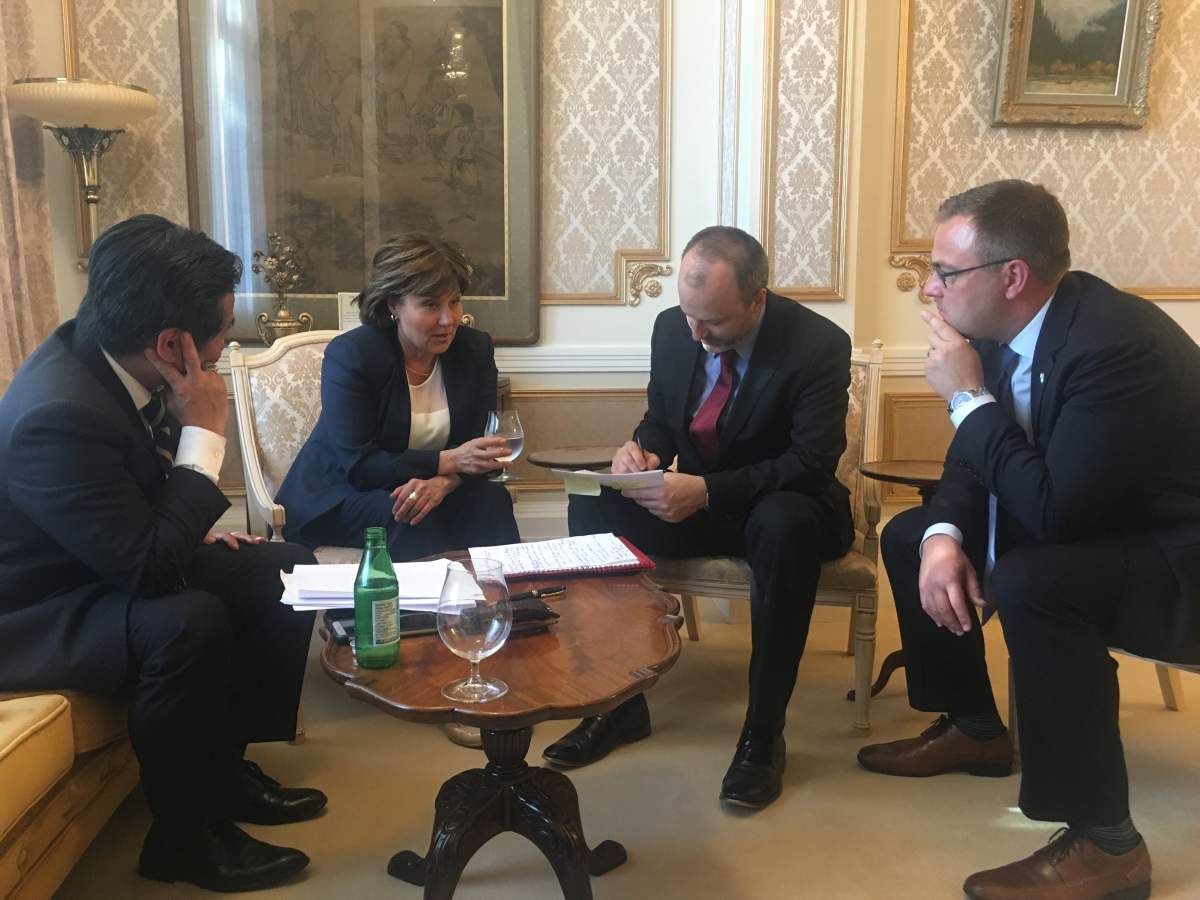 Christy Clark, with chief of staff Mike McDonald, press secretary Stephen Smart, and executive director of communications Ben Chin, in the French drawing room at Government House.