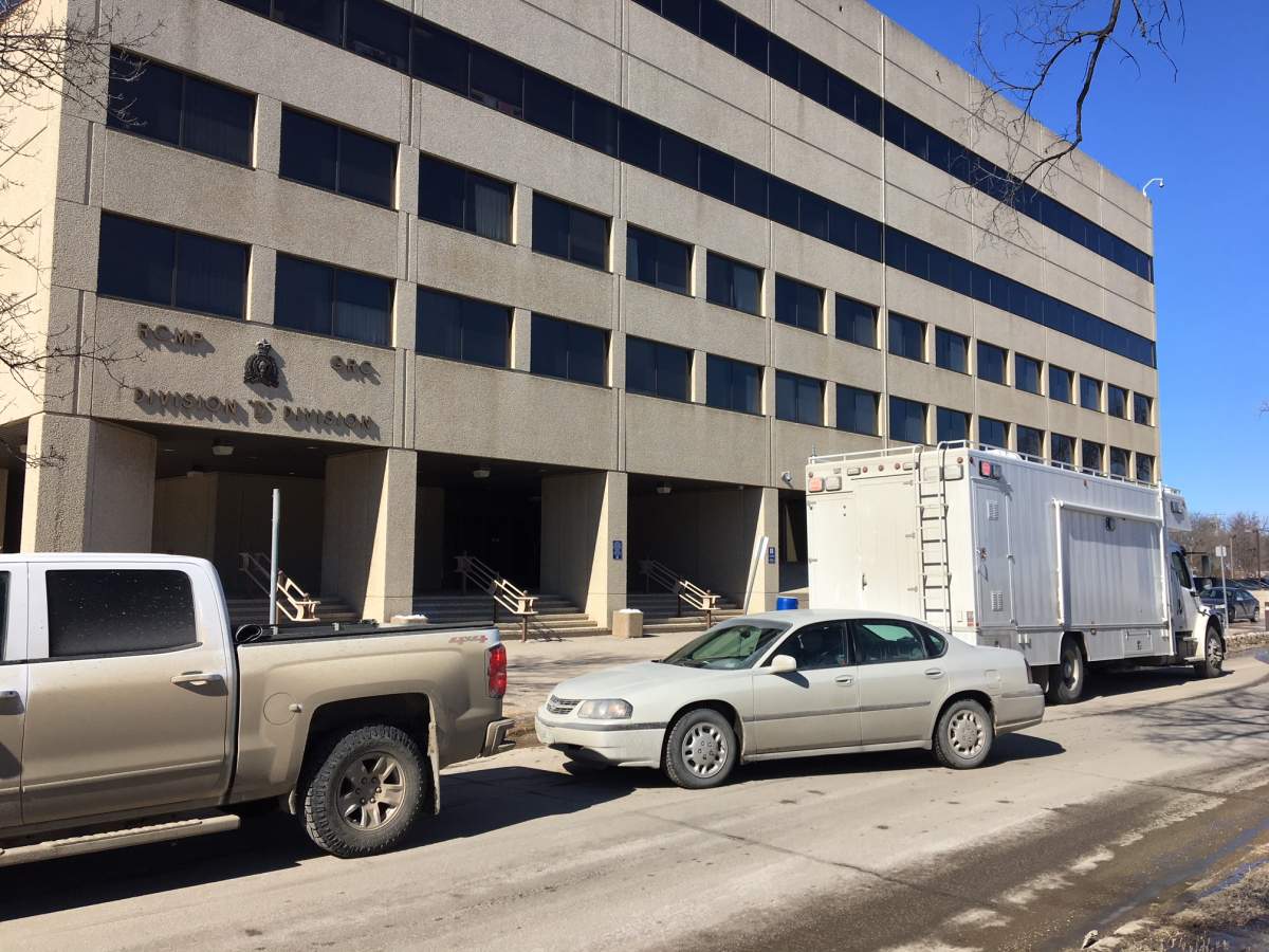 The front entrance at RCMP D Division headquarters on Portage was blocked off after a suspicious package was left there.
