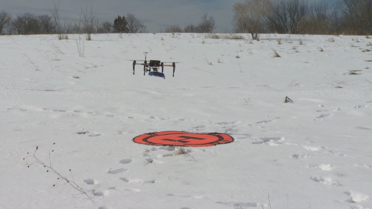 A drone belonging to the Renfrew County paramedics drops off a defibrillator.