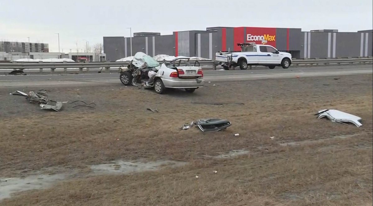 A car collided with an MTQ truck on Highway 20 in Drummondville, Saturday March 3, 2018.