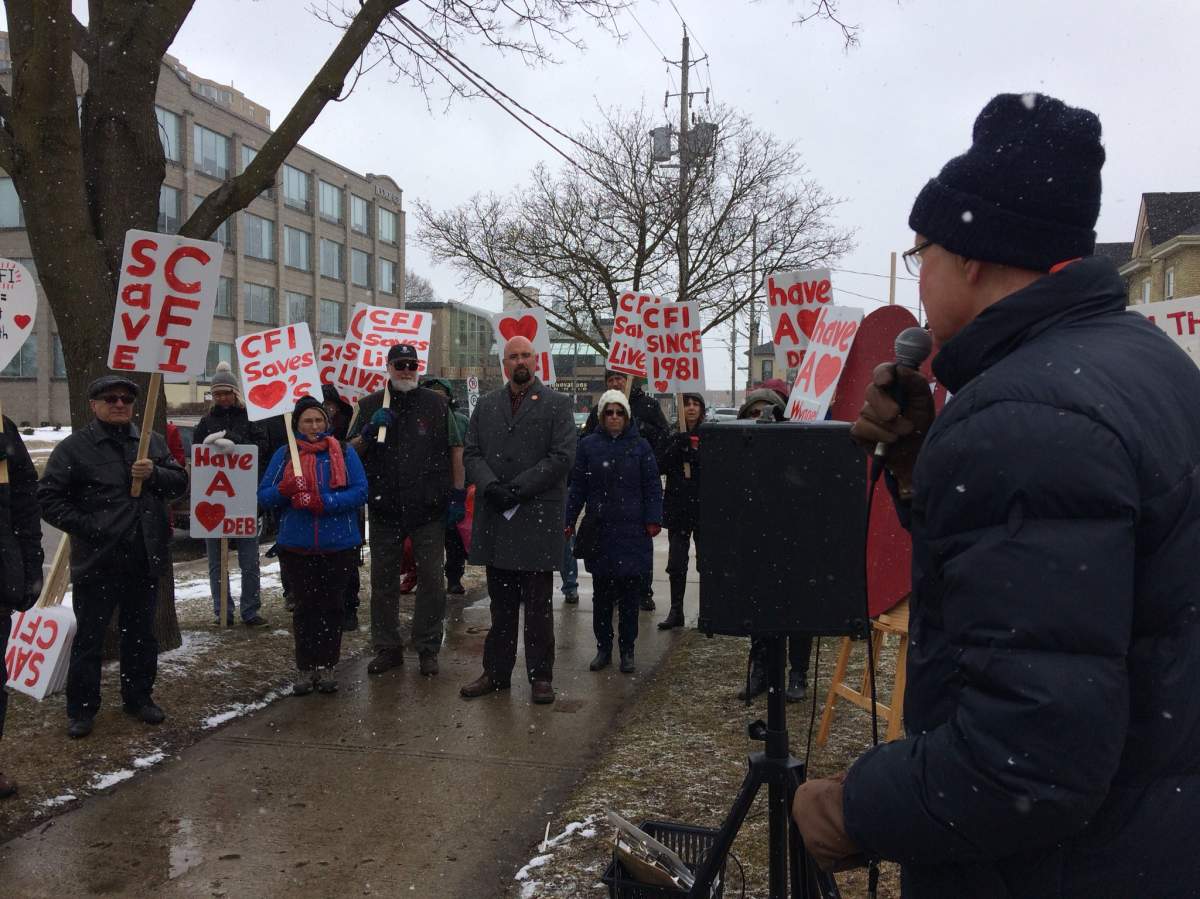 Demonstrators outside MPP Deb Matthews' London office call on government to restore funding to the Cardiac Fitness Institute on March 15, 2018.