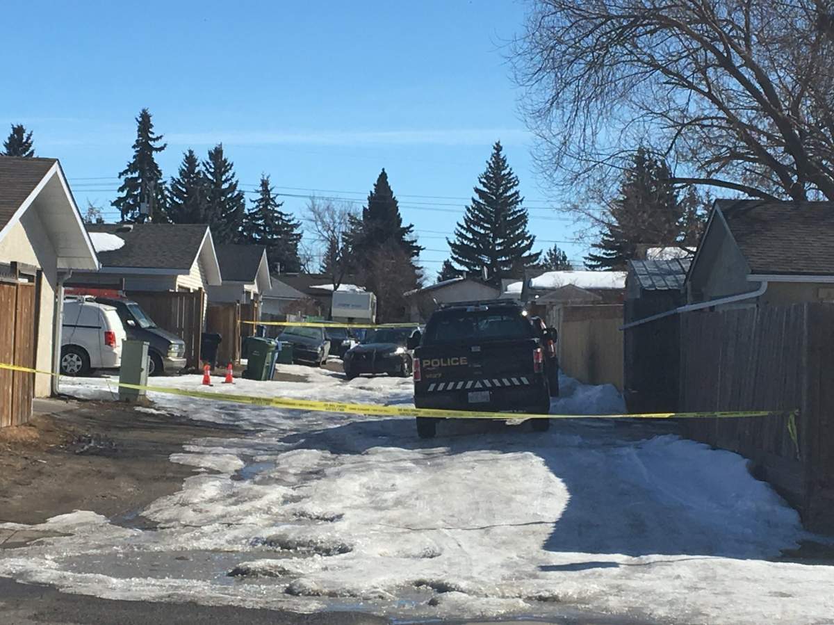 Calgary police on the scene of a suspicious death in Marlborough Park on Sunday, March 25.