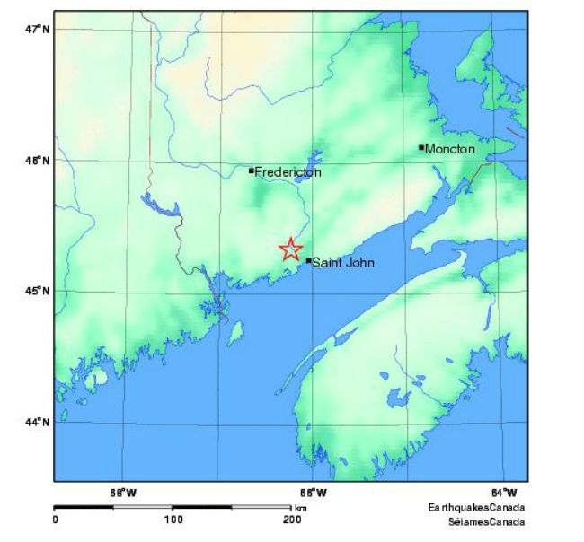 A map shows the approximate location of the minor earthquake that occurred outside of Saint John, N.B. 