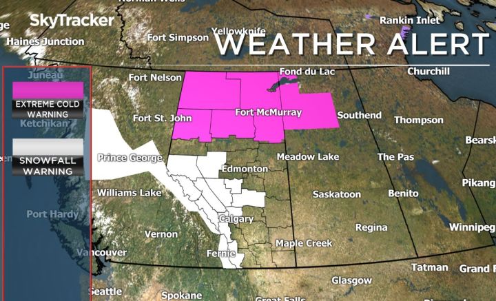 A map of Alberta with areas in pink indicating where an extreme cold warning was issued by Environment Canada on March 29, 2018.