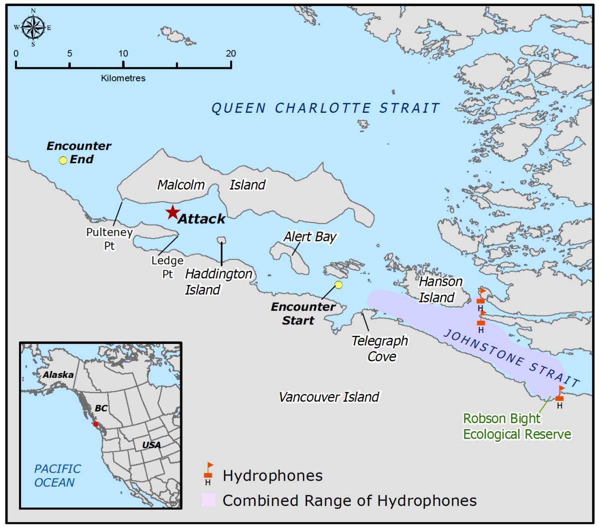 A map showing an encounter between orcas north of Vancouver Island on Dec. 2, 2016.