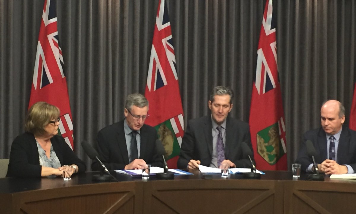 Brian Pallister announces changes to economic development alongside PayWorks founder Barb Gamey (left), Trade Minister Blaine Pedersen and former Chamber of Commerce CEO Dave Angus (right).