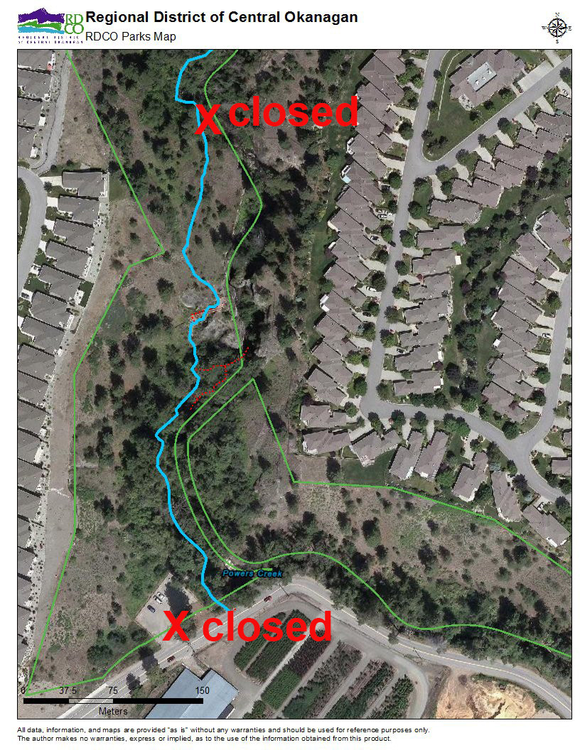 A map of the park closure area. The regional district said the closure will include "the parking area off Gellatly Road and the lower trail to the first set of stairs."