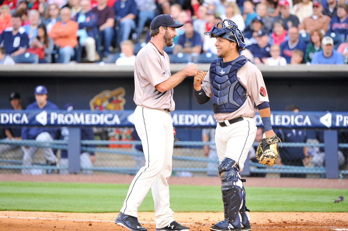 June 6, 2015: Detroit Tigers starting pitcher Justin Verlander (35) shares a laugh with Toledo Mud Hens catcher Miguel Gonzalez (22) during his rehabilitation start in the game on Saturday evening, Fifth Third Field, Toledo, Ohio. (Photo by Steven King/Icon Sportswire/Corbis via Getty Images).