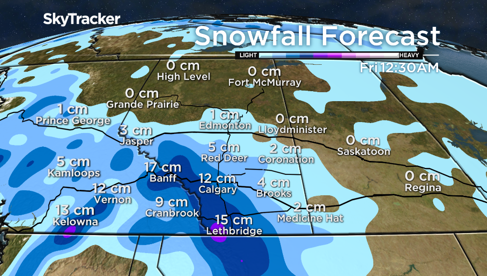 Snowfall forecast suggesting 12 centimetres of snow is possible for Calgary on Thursday.