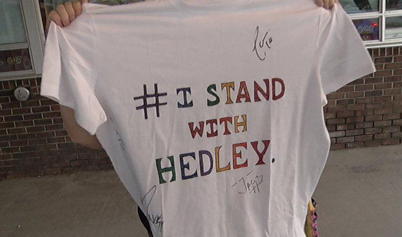 Peterborough fan Patty Nisbett holds up a homemade T-shirt she made to show support for rock band Hedley, who played the Memorial Centre on Mar. 2, 2018.