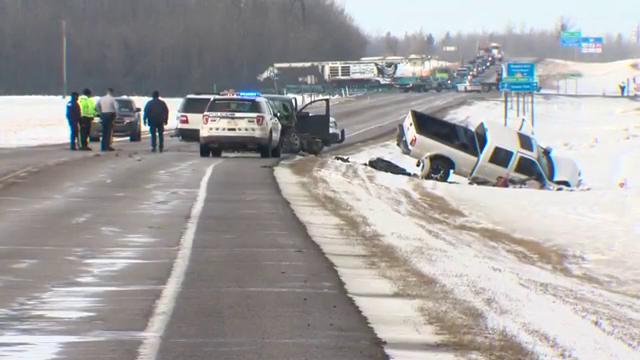 RCMP at the scene of a fatal collision on Highway 19 near Range Road 260, about two kilometres east of Devon. March 23, 2018.