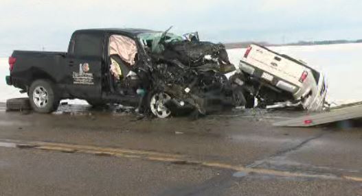 RCMP at the scene of a fatal collision on Highway 19 near Range Road 260, about two kilometres east of Devon. March 23, 2018.