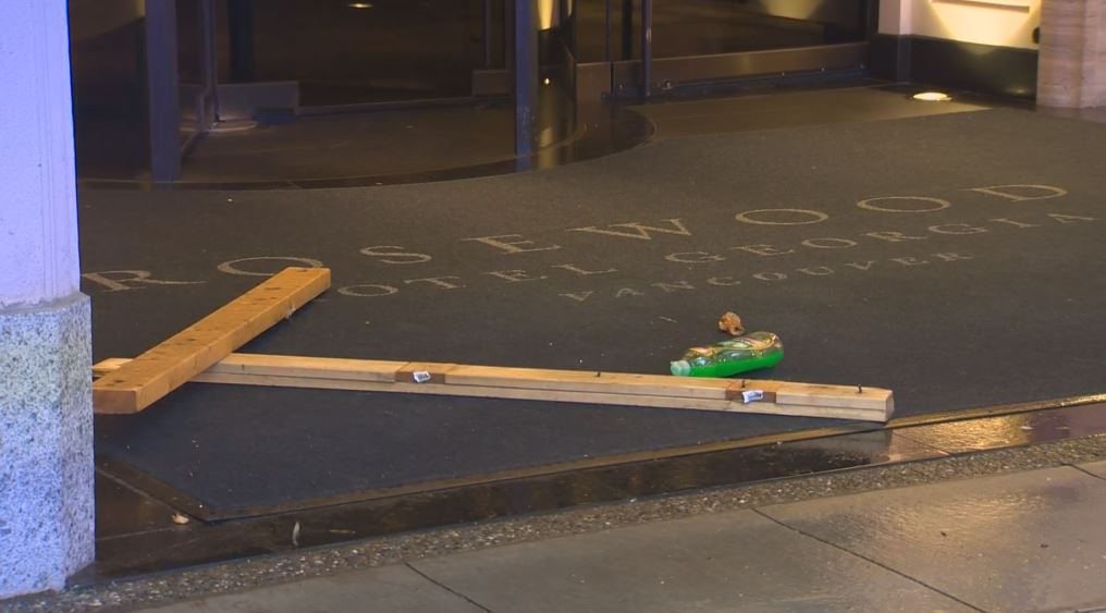 A worker fell through a glass awning at the Hotel Georgia Tuesday morning.