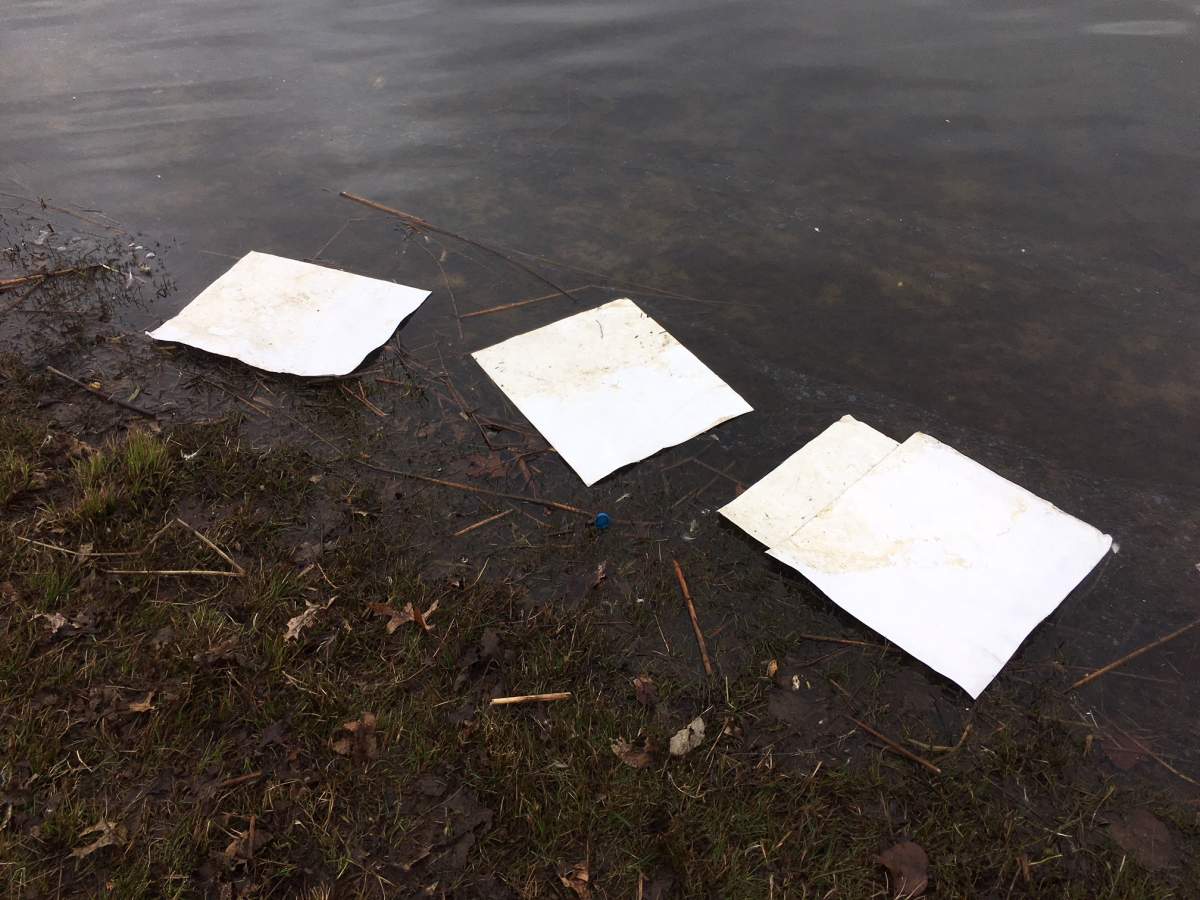 Three absorbent pads have been laid down on Lafarge Lake.