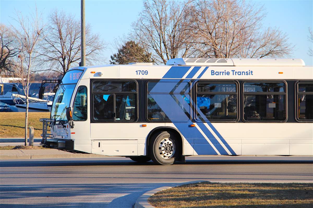 A Barrie Transit bus outside of the Downtown Barrie Terminal.