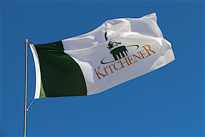 The City of Kitchener flag outside of city hall.