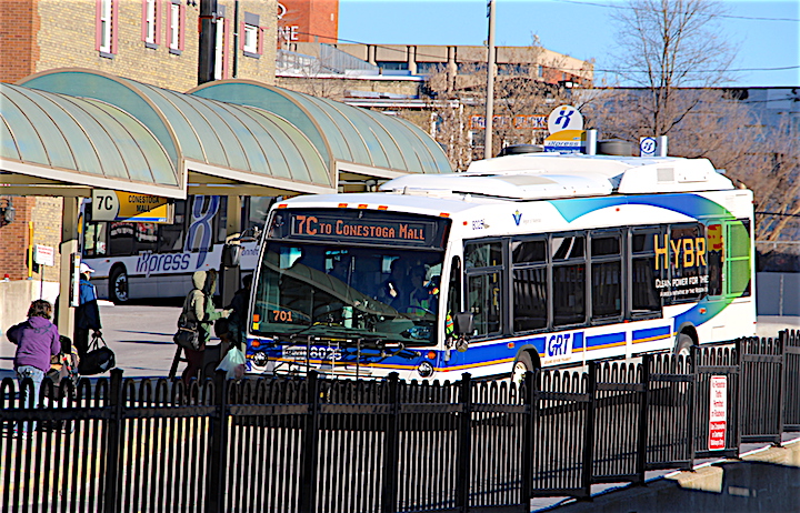 A Grand River Transit bus at the Charles Street Transit Terminal in Kitchener in 2018. The facility was closed in 2020.