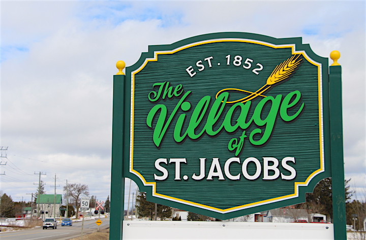 Welcome sign to St. Jacobs on King Street North.