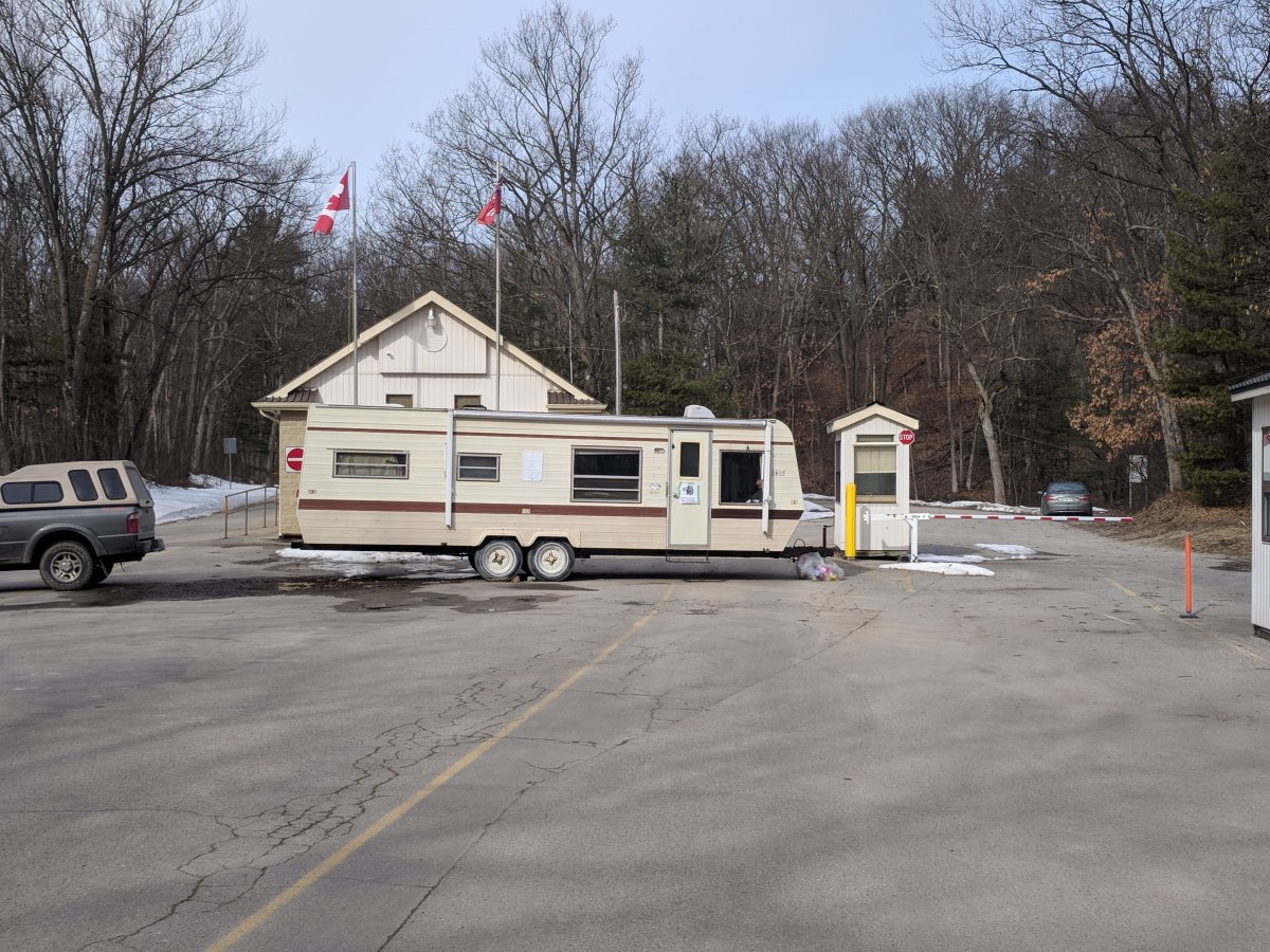 A trailer blocks the entrance to Pinery Provincial Park on March 21, 2018.