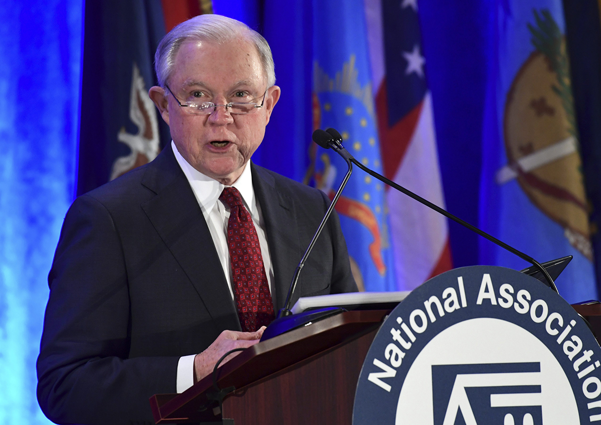 In this Tuesday Feb. 27, 2018 file photo is Attorney General Jeff Sessions speaking at the National Association of Attorneys General Winter Meeting in Washington. 