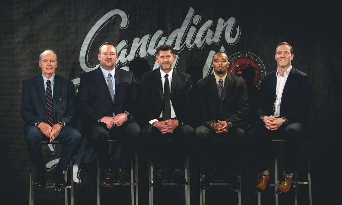 L>R: Frank Cosentino, Scott Flory, Hank Ilesic, Barron Miles, and Brent Johnson. The Canadian Football Hall of Fame Class of 2018.