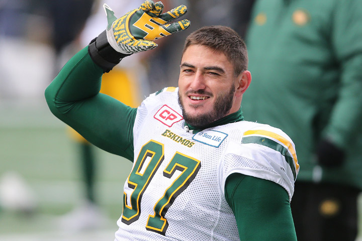 Edmonton Eskimos DE John Chick prior to CFL West Division semifinal playoff action between the Winnipeg Blue Bombers and the Eskimos in Winnipeg on Sunday, Nov. 12, 2017. 