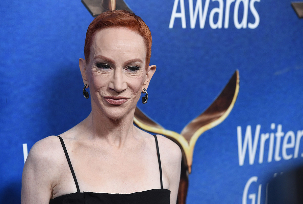 Kathy Griffin poses at the 2018 Writers Guild Awards at the Beverly Hilton in Beverly Hills, Calif.  Griffin says she‚Äôll be appearing in upcoming shows in New York and Washington.