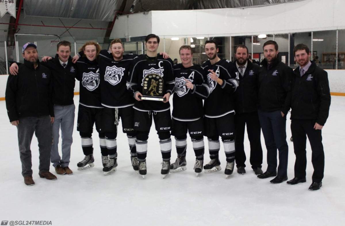 The Lambeth Lancers celebrate their Yeck Division Championship following a 5-0 win over Dorchester on March 14th.