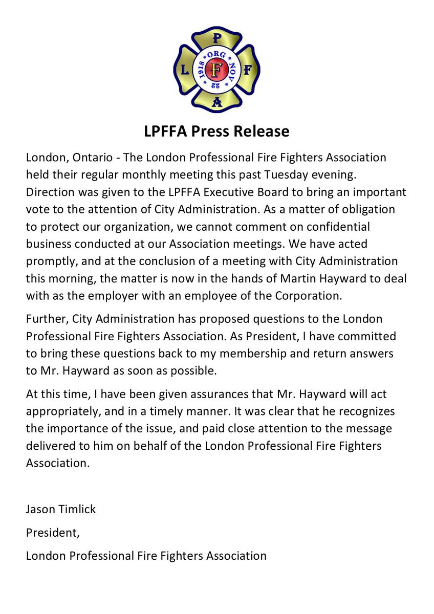 A statement issued by the London Professional Fire Fighters Association on March 22, 2018.
