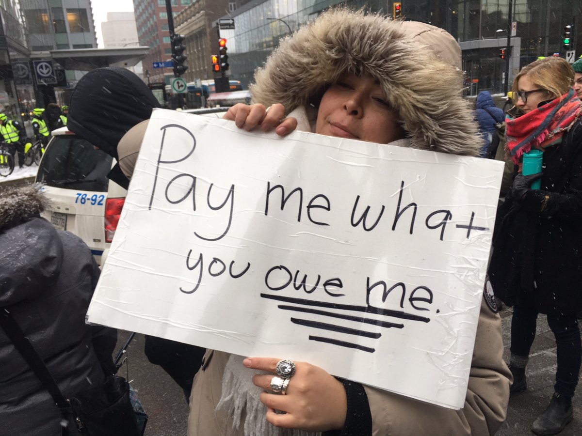 A student in downtown Montreal during a march protesting unpaid internships in Quebec on Thursday, March 8, 2018.